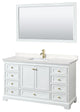 60"SGL Vanity White, Carrara Cult. Marble Countertop, Sink, Gold Trim, 58"Mirror