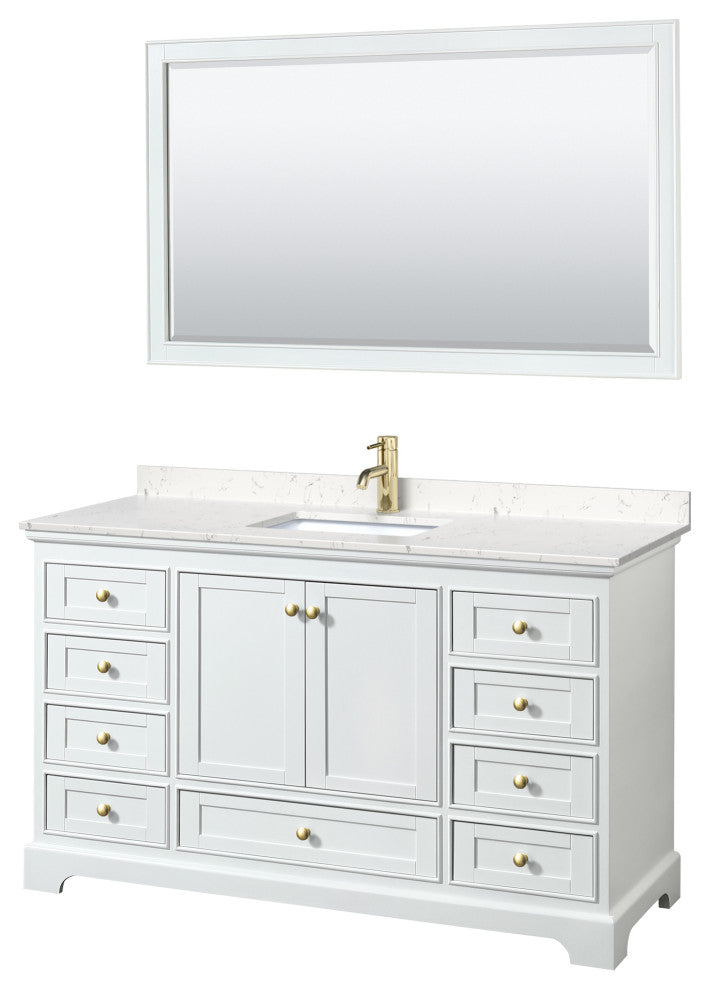 60"SGL Vanity White, Carrara Cult. Marble Countertop, Sink, Gold Trim, 58"Mirror