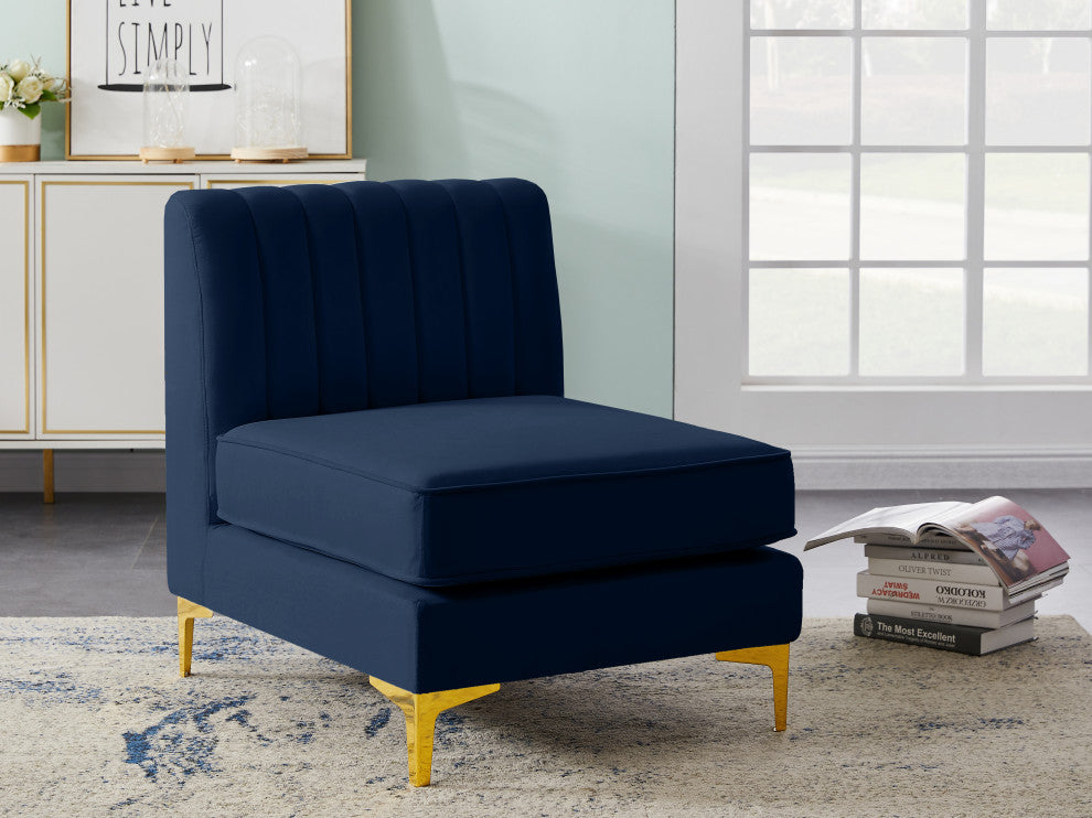 Alina Velvet Upholstered Modular Armless Chair, Navy