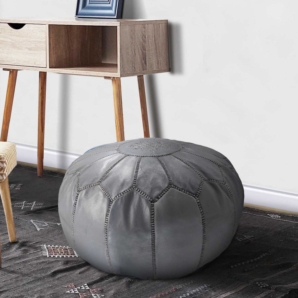 Handmade Moroccan Ottoman, Genuine Leather Pouf, Gray