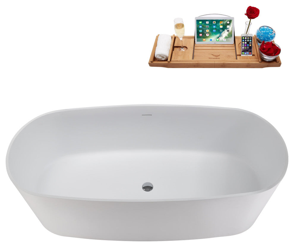 67" Streamline NS5800CH Matte White Stone Resin Bathtub, Tray With Chrome Drain
