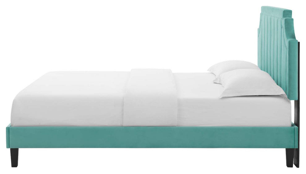 Platform Bed Frame, King Size, Velvet, Blue, Modern Contemporary, Bedroom Master