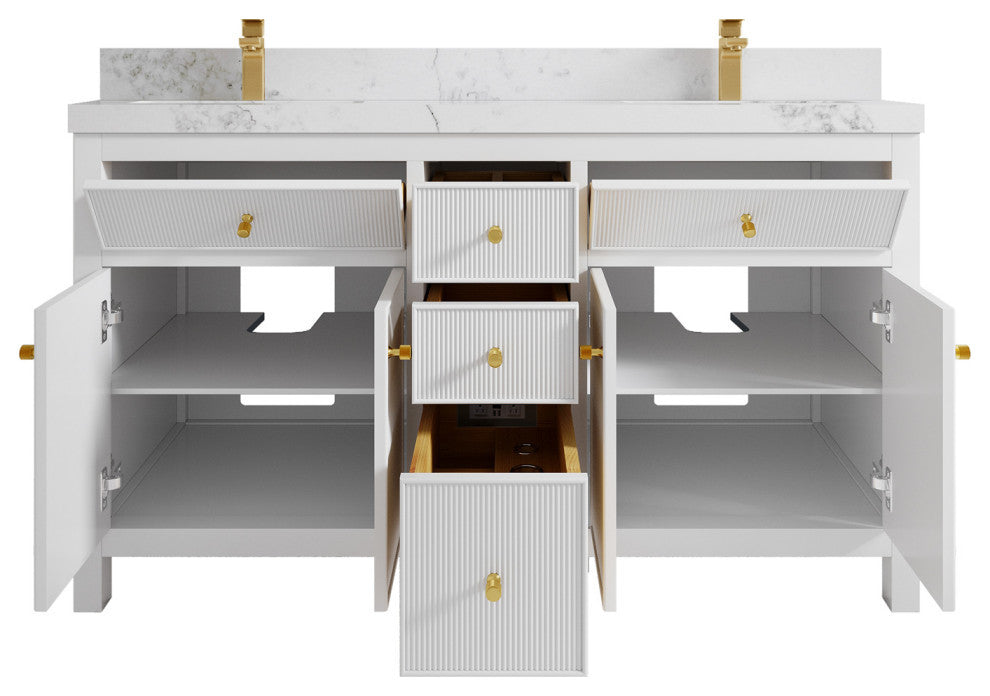Sonoma 60 Double Sink Reeded Bathroom Vanity in White 2" Calacatta Nuvo
