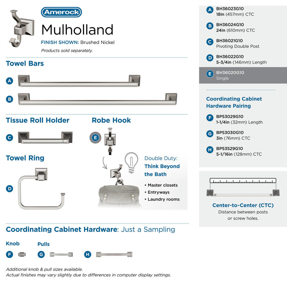 Mulholland Traditional Single Robe Hook, Brushed Nickel