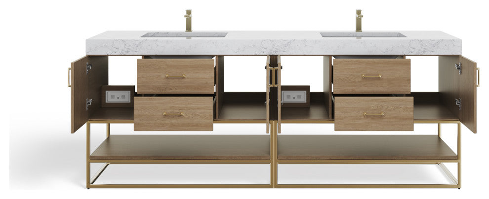 Bahia Bath Vanity, Oak, 84", Brushed Gold Hardware, Double, Freestanding