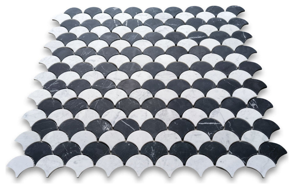 Carrara White Nero Marquina Black Marble Fish Scale Fan Mosaic Tile, 1 sheet