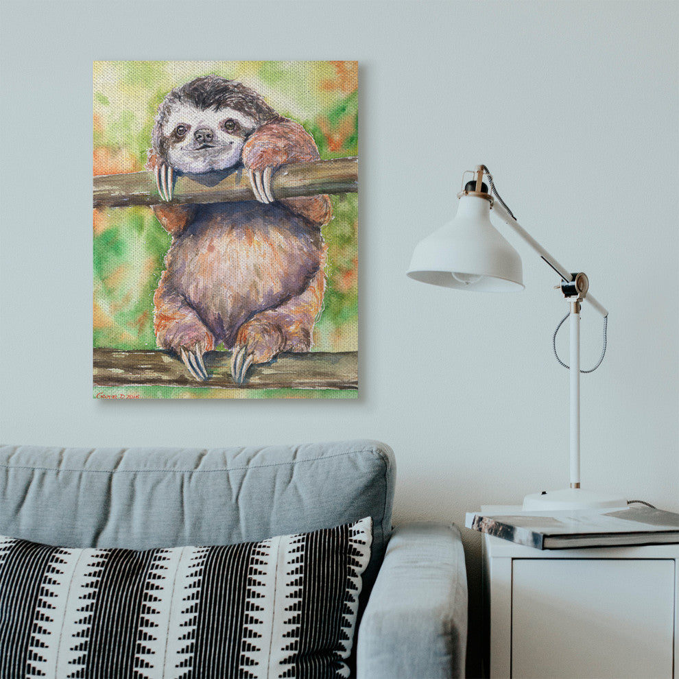 Sloth Animal Green Orange Watercolor Painting, 30"x40"