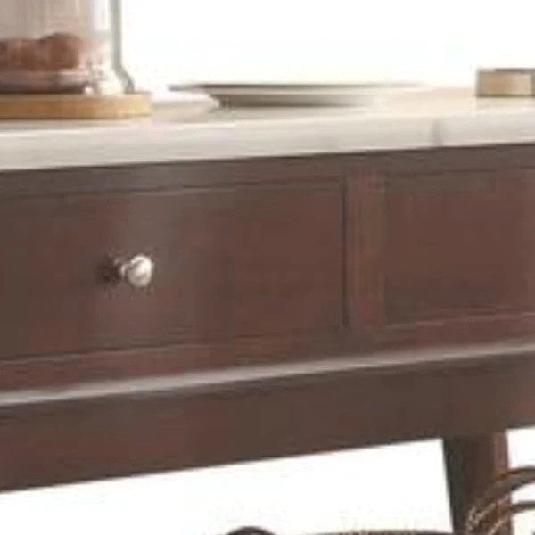 Benzara BM186219 Drawers Wooden Server with Marble Top, White and Walnut Brown