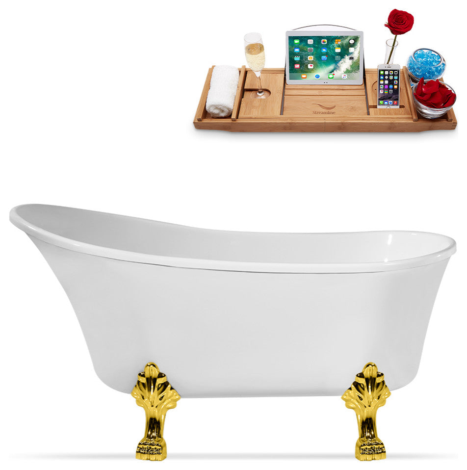 55" Streamline N346GLD-IN-WH Clawfoot Tub and Tray With Internal Drain