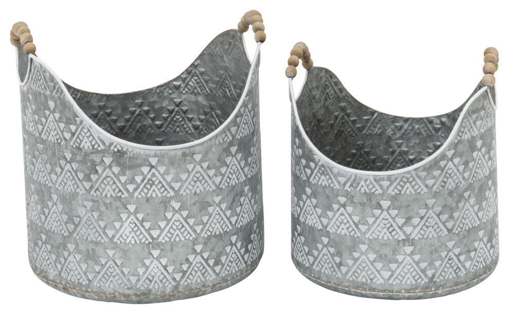 Set of 2, Assorted Metal Buckets, Wood Bead Handles