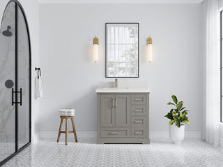 Boston 36 Left Offset Bath Vanity in Elephant Skin Gray 2" Carrara Quartz