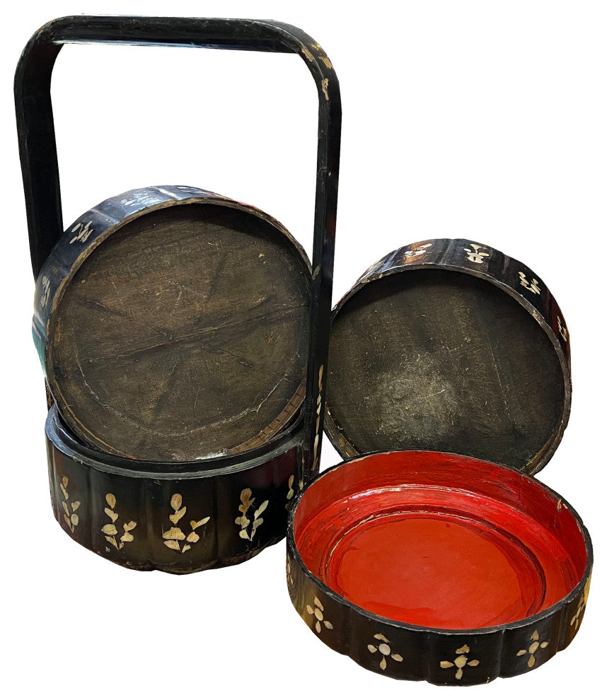 Chinese Vintage Distressed Black Lacquer MOP Inlay Basket, Hws2218