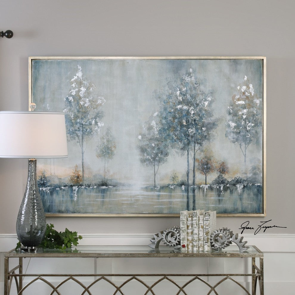 Silver Blue Trees Water Wall Art, Lake Painting