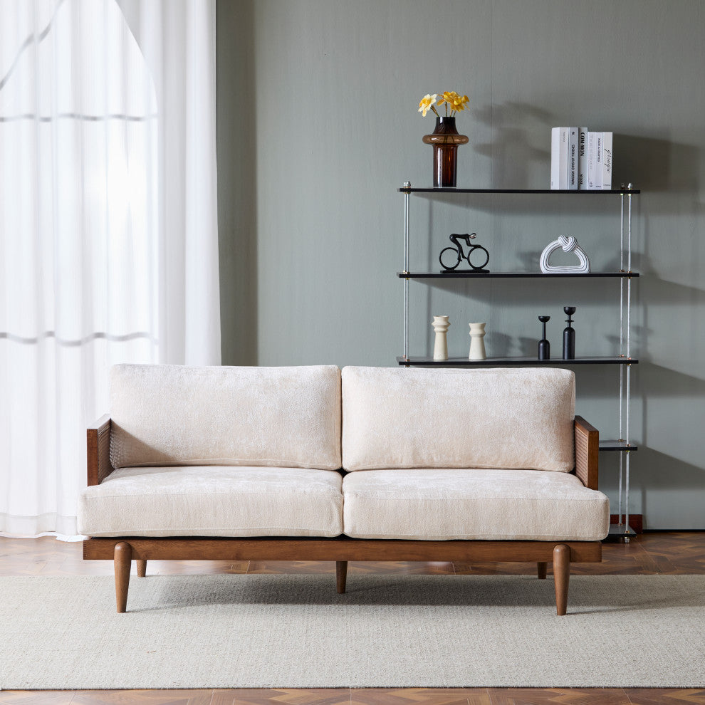 GDF Studio Doris 6' 3-Seater Sofa With Cane Rattan Arms, Walnut/Beige