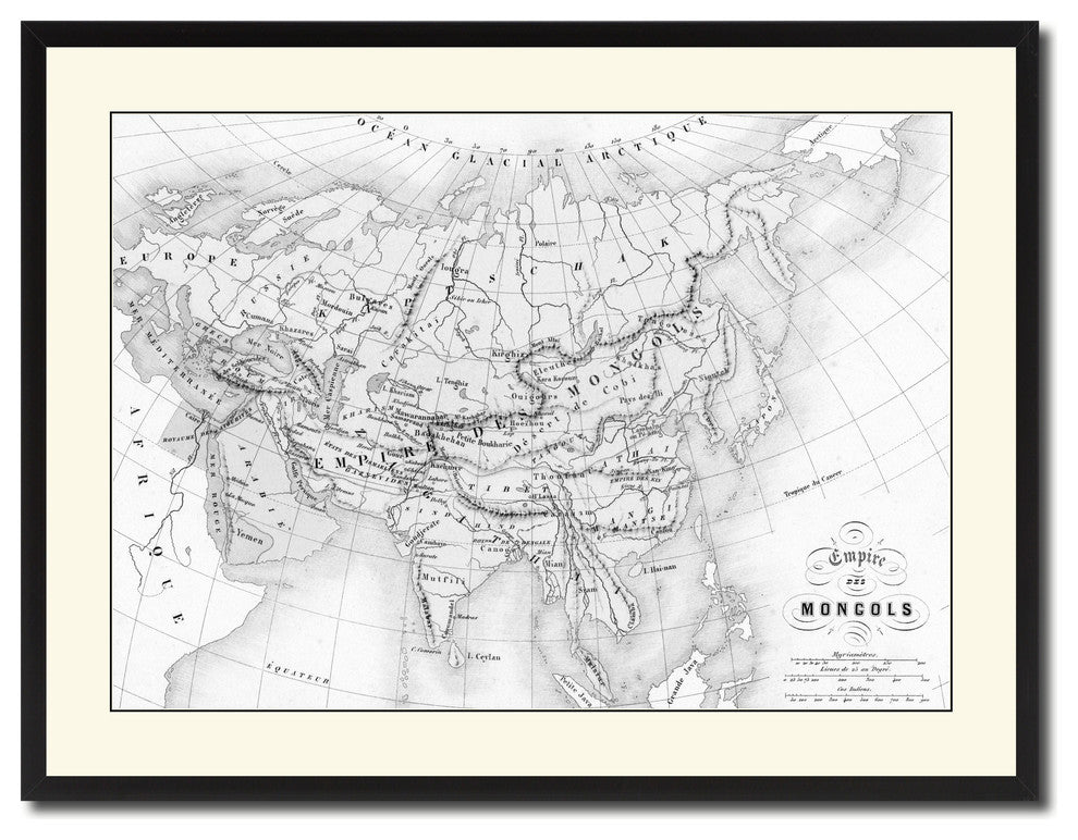 Mongolian Empire Asia Vintage B&W Map Canvas Print, 28"x37"