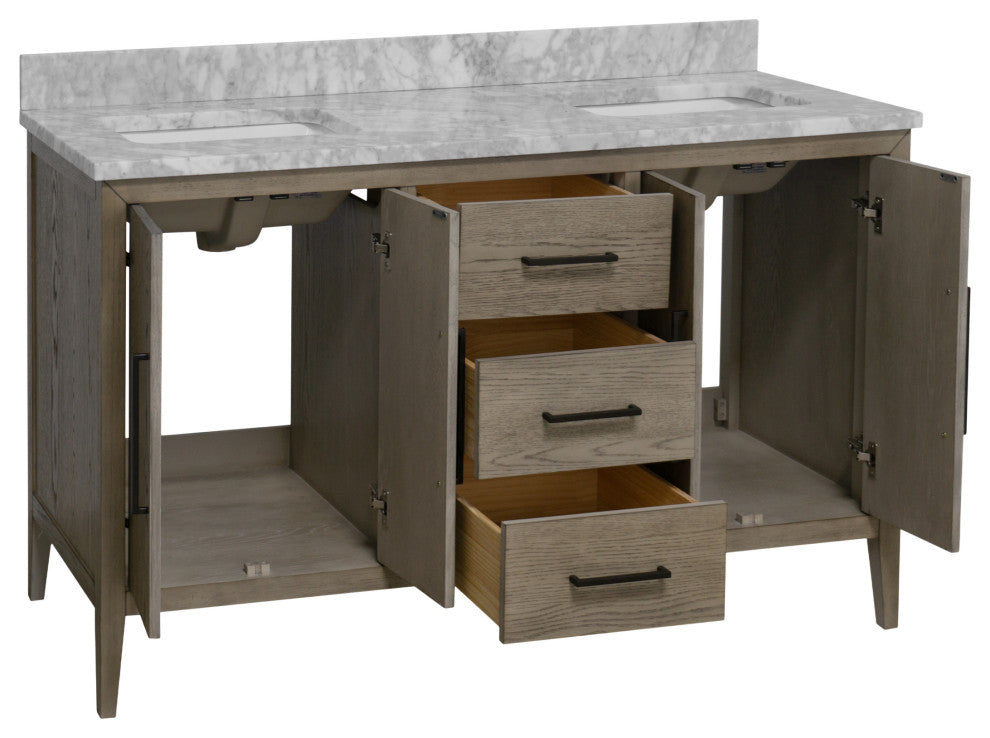 Parisian 60" Bathroom Vanity, Gray Oak, Carrara Marble, Double