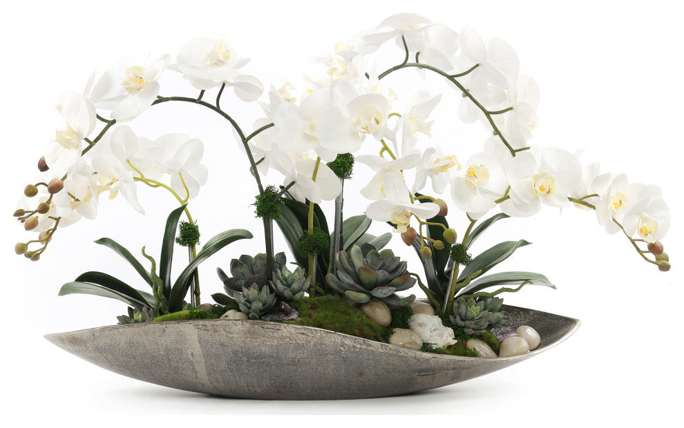 Cream White Real Touch Phalaenopsis Orchids in Large Metal Tray