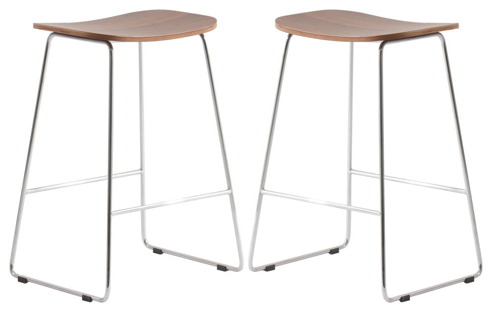 LeisureMod Melrose Modern Wood Counter Stool With Chrome Base Set of 2, Walnut