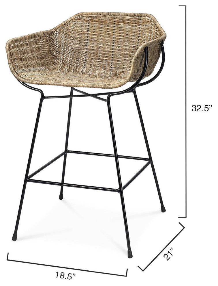 Contemporary Minimalist Natural Rattan Counter Stool Curved Seat Black Metal Leg