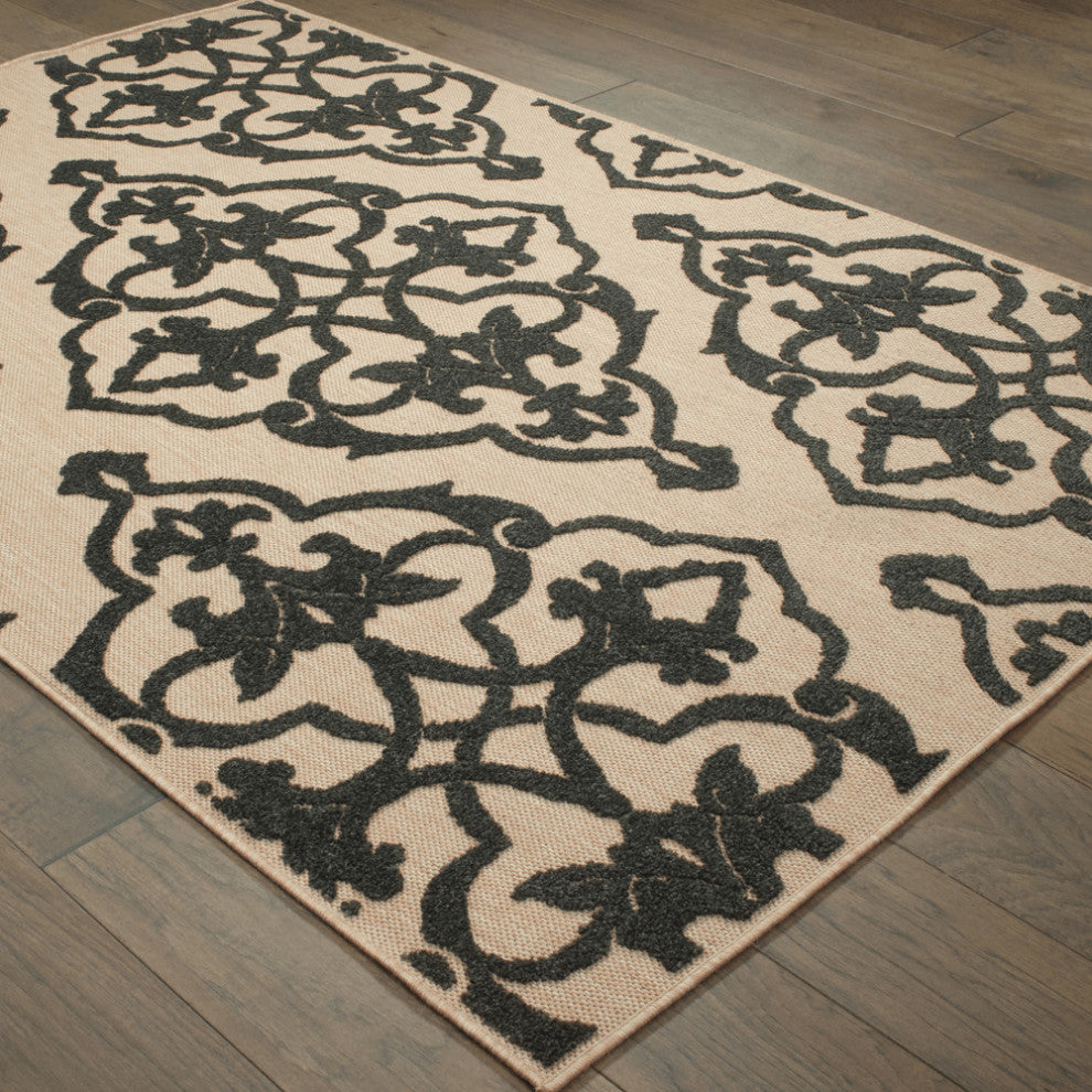 8' x 11' Beige and Black Oriental Stain Resistant Indoor Outdoor Area Rug