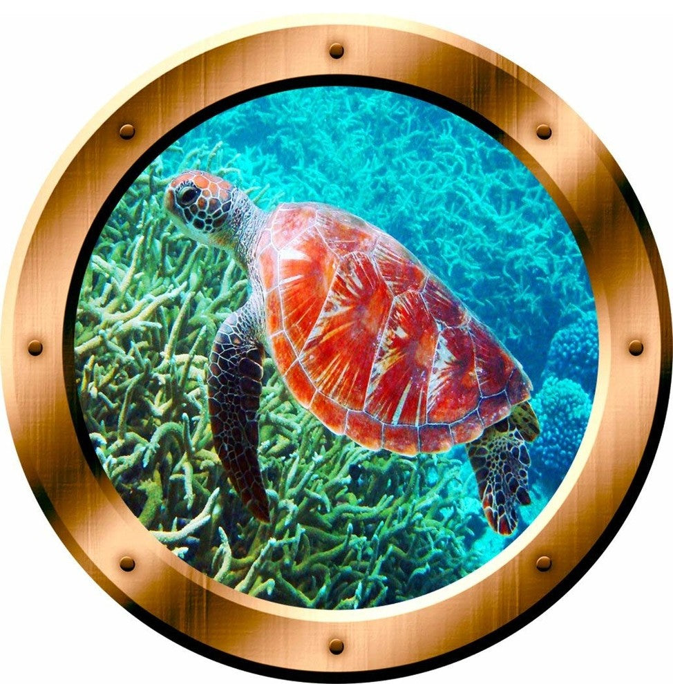 VWAQ Sea Turtle Porthole 3D Sticker, 14" Diameter