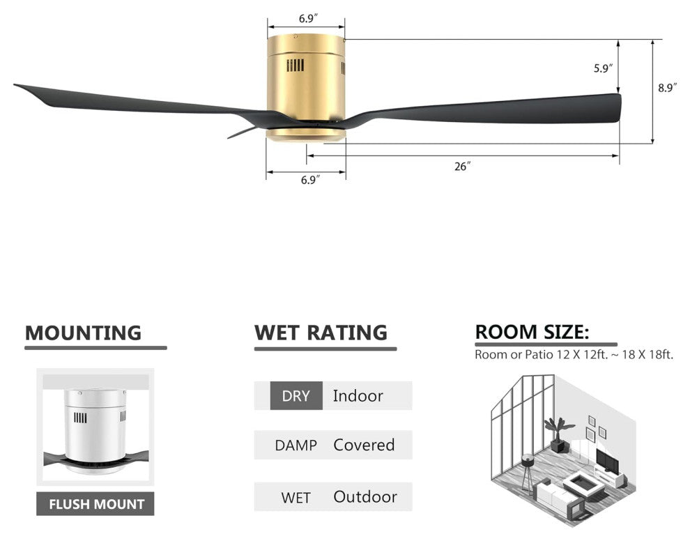 CARRO 52" 3 Blades Flush Mount Ceiling Fan with Remote Control No Light, Black/Gold