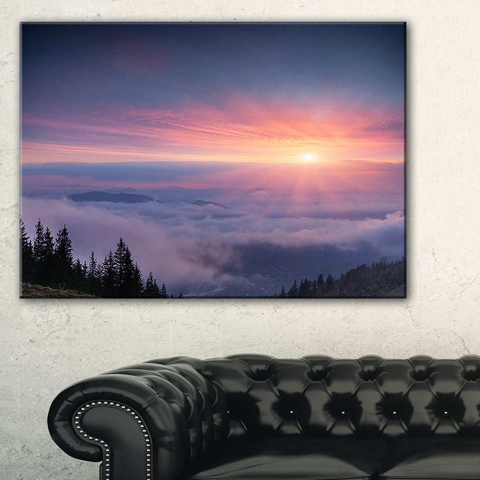 "Sunrise in Purple Sky Over Mountains" Landscape Photo Art, 32"x16"