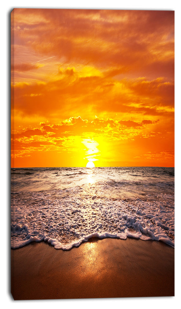 Majestic Sunset with Foaming Waves, Large Seashore Canvas Print, 16"x32"