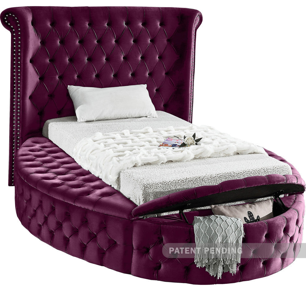 Luxus Button Tufted Velvet Round Bed, Purple, Twin