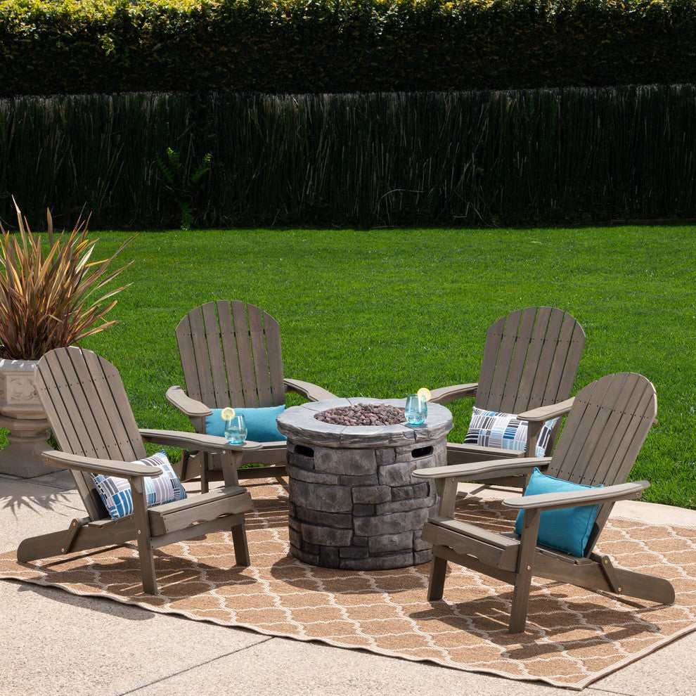 GDF Studio 5-Piece David Outdoor Adirondack Chair Set With Fire Pit, Gray