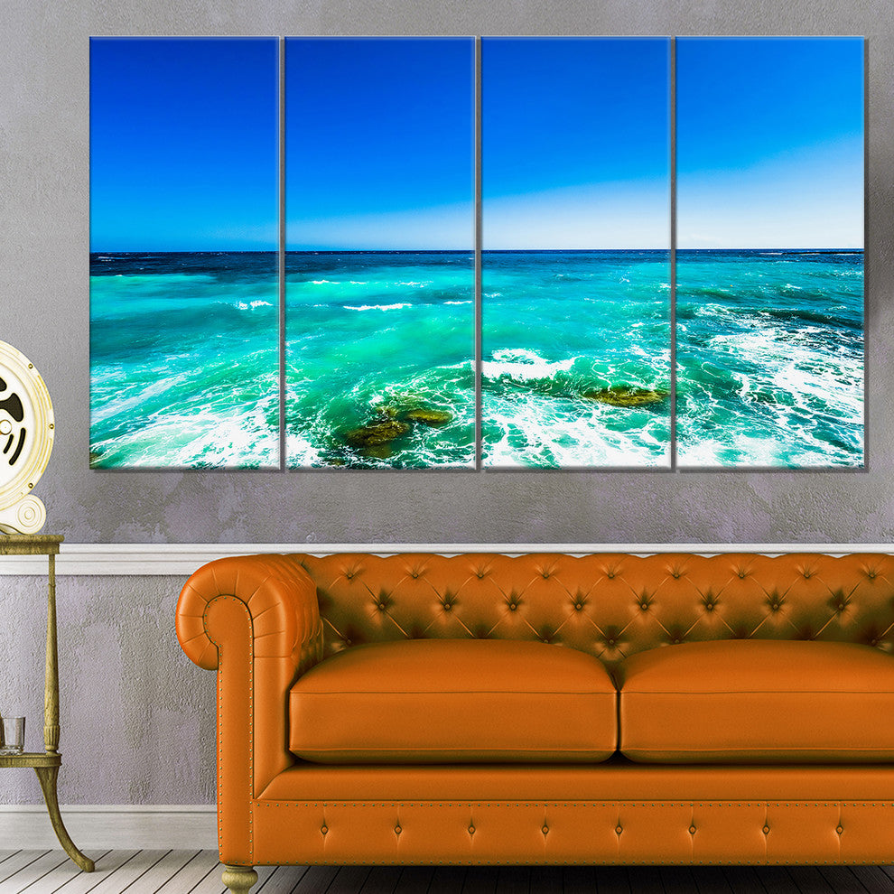 Seashore with Clear Water and Sky, Modern Seashore Canvas Art, 48"x28", 4 Panels