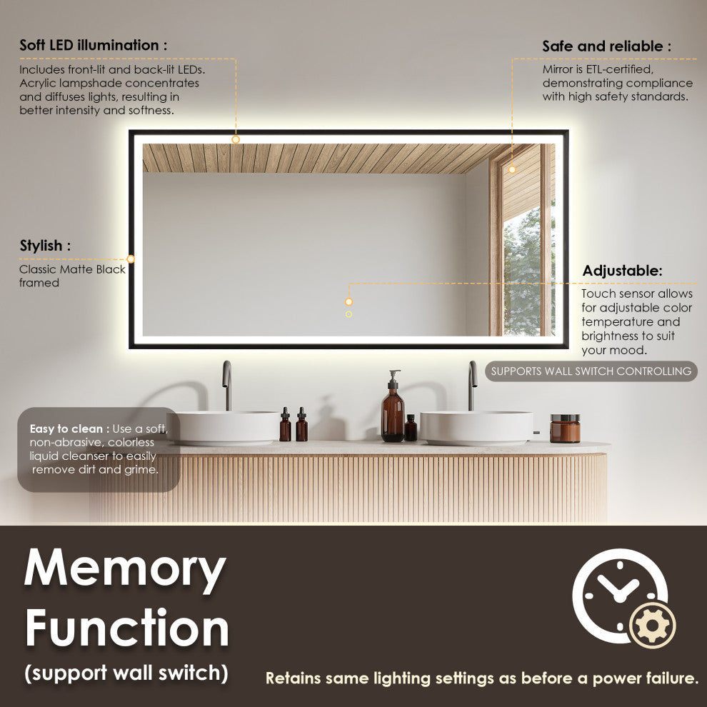 Apollo Anti-Fog Dimmable Vanity, LED Lighted Wall Mirror, Matte Black, 60"
