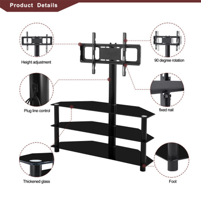 Black Multi-function TV Stand  Adjustable Height  Bracket Swivel 3-Tier