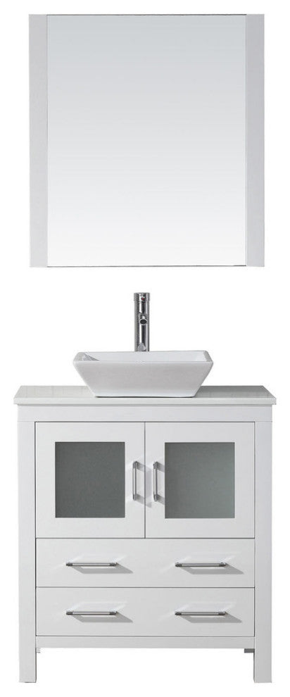 Virtu Dior 30" Single Bathroom Vanity, White With White Top, Faucet and Mirror