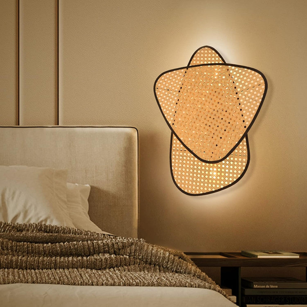 French Designer Wall Lamp with Hand Made Rattan Wicker for Bedroom, Double Head, Warm Light