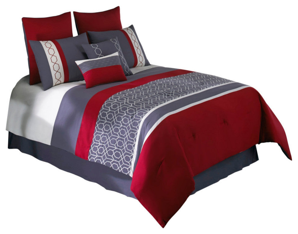 8 Piece King Comforter Set with Printed Trellis Pattern, Red
