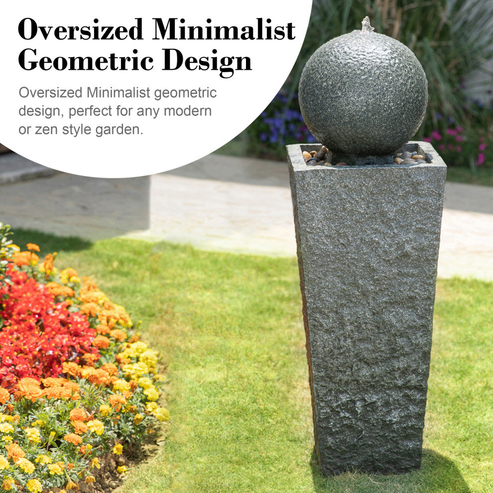 Geometric Pedestal and Sphere Polyresin Outdoor Fountain With LED Light and Pump