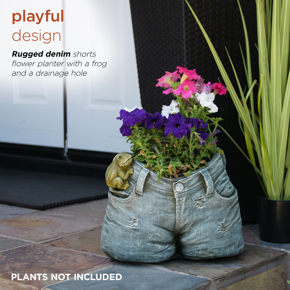 Rugged Denim Shorts Flower Planter with Frog
