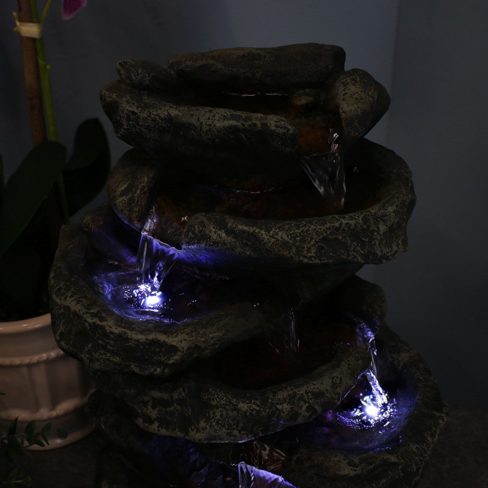 Sunnydaze 6 Tier Stone Falls Tabletop Indoor Water Fountain With LED, 15"