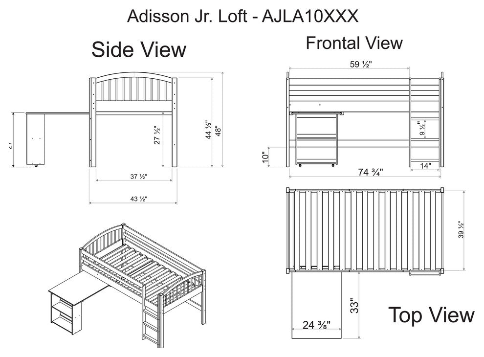 Addison Junior Loft with Storage Drawers and Bookshelf, Cinnamon