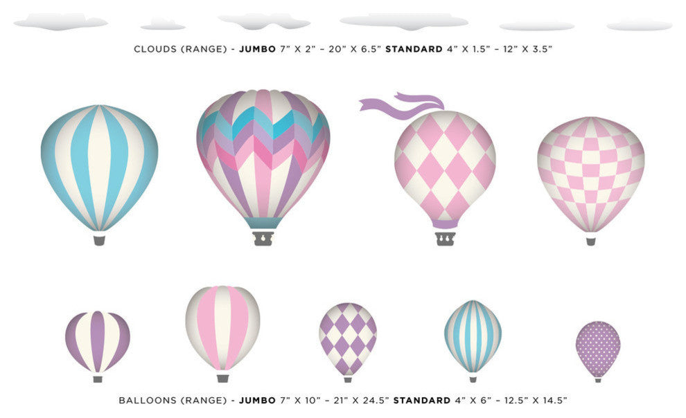 Hot Air Balloons Fabric Wall Decals, Jumbo size in Pink, Set of 9