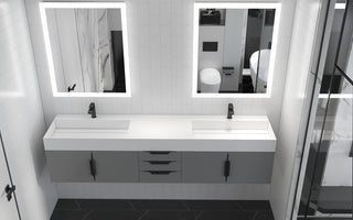 CastelloUSA Amazon 84" Wall Mounted Bathroom Vanity Set, Gray, White Top, Black Handles