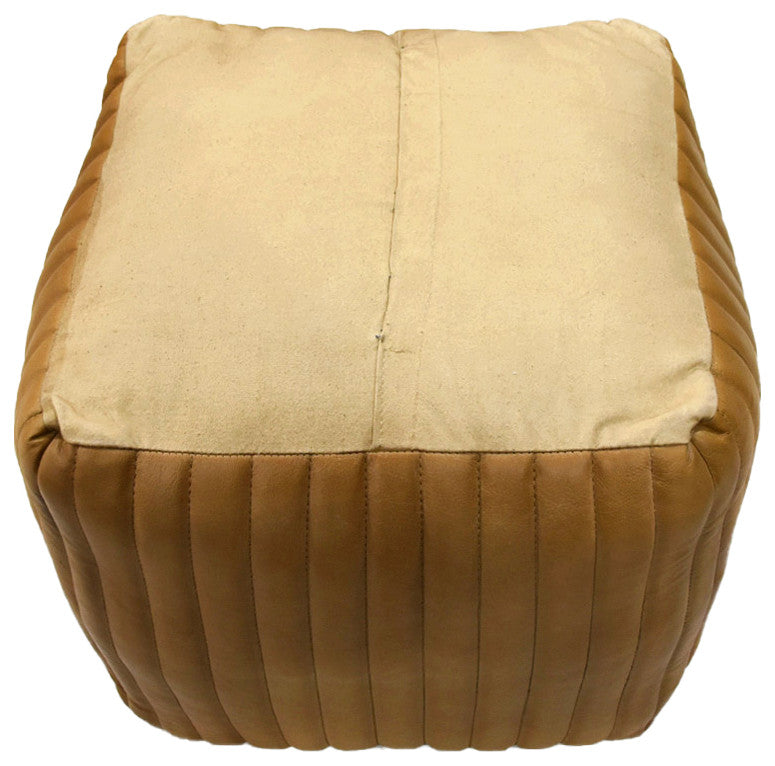 Poufs-Solid Handmade Goat Leather Pouf, Recycled Cotton Fill, Beige, Square 16x16x16