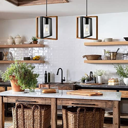 Farmhouse Pendant Light Wood Square Foldable Pendant Lamp