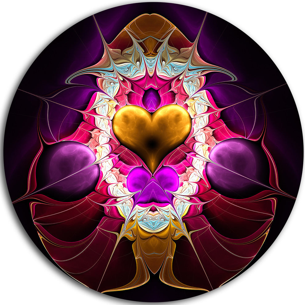 Pink Symmetrical Fractal Heart, Abstract Disc Metal Artwork, 23"