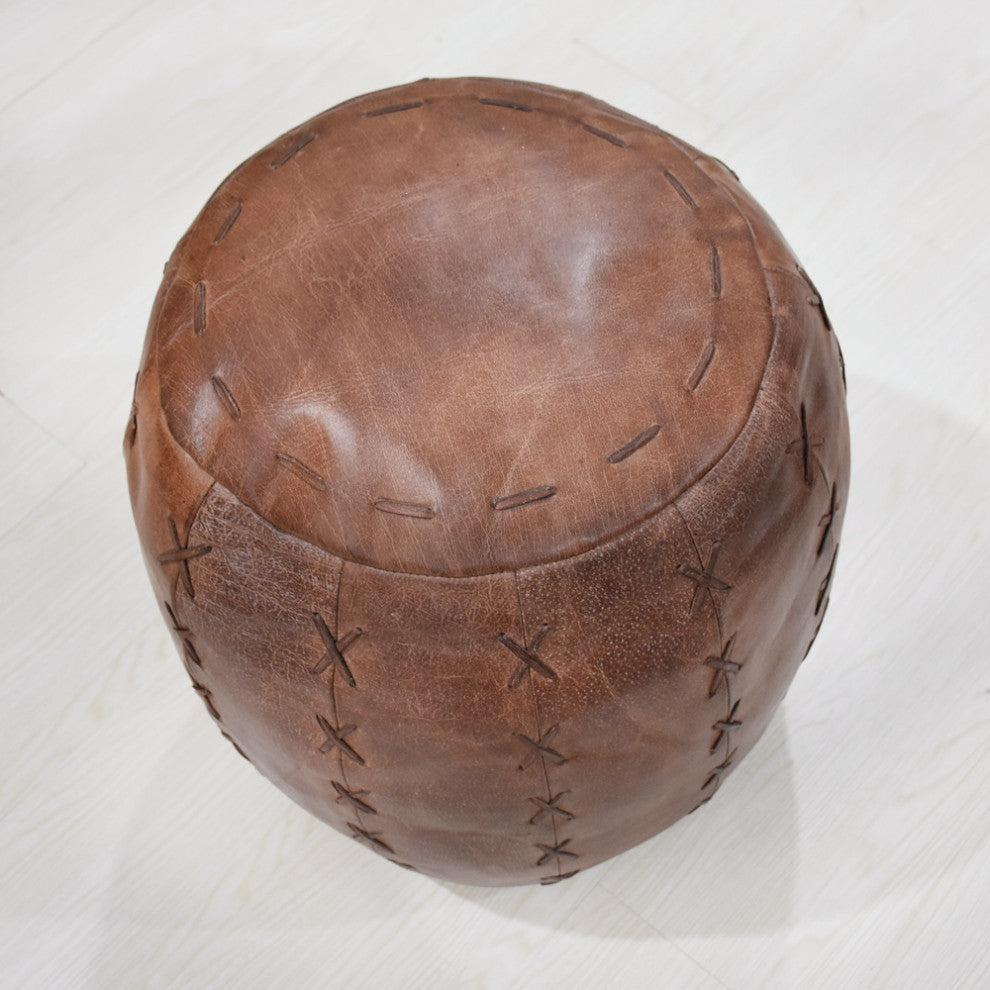 Solid Handmade Leather Pouf, 14x14x14