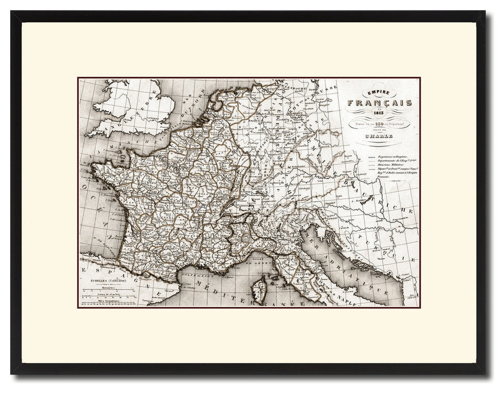 France Revolution Old Sepia Map Print On Canvas With Black Frame, 16" X 21"