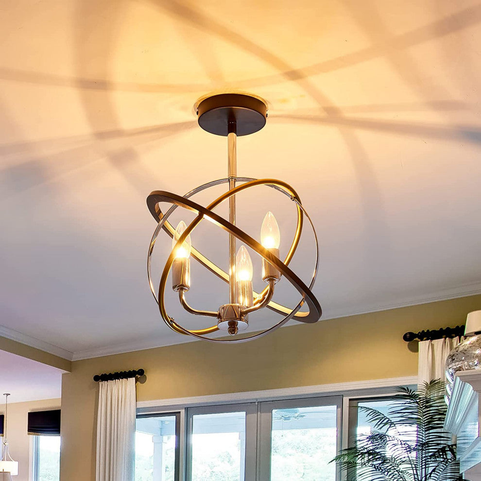 3 Light Farmhouse Semi Flush Mount Ceiling Light, Industrial Vintage, Globe