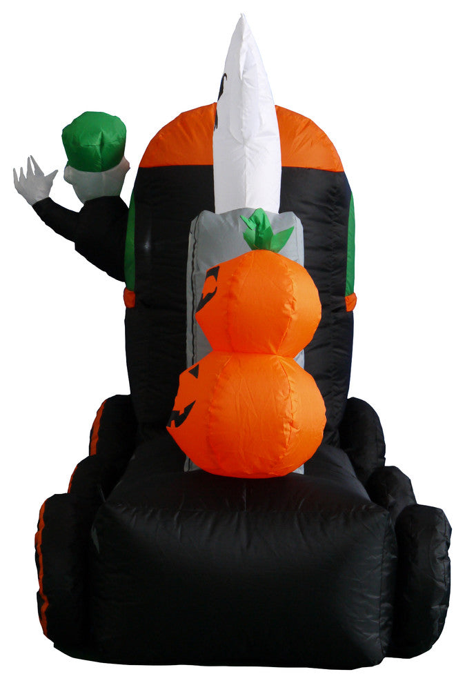 Skeleton on Train With Pumpkins and Ghost Tombstone, 7' Long