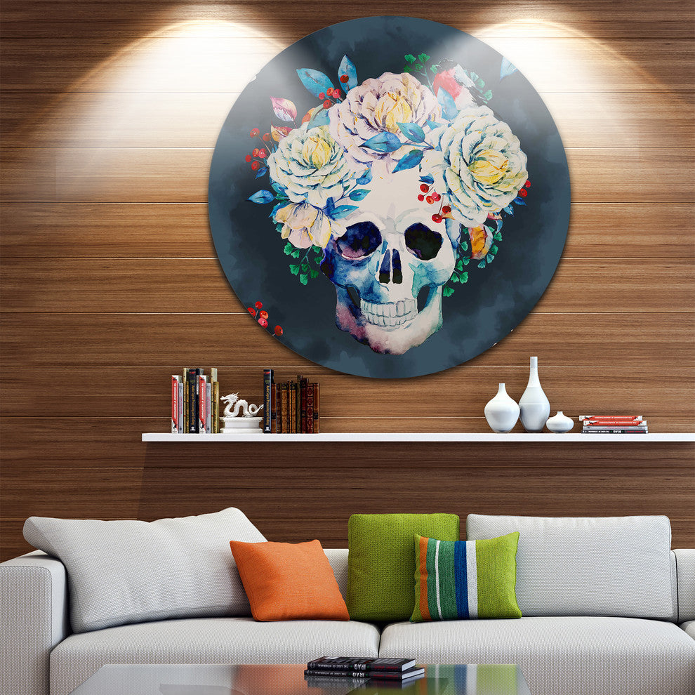 Watercolor Vector Skull, Floral Digital Disc Metal Artwork, 36"